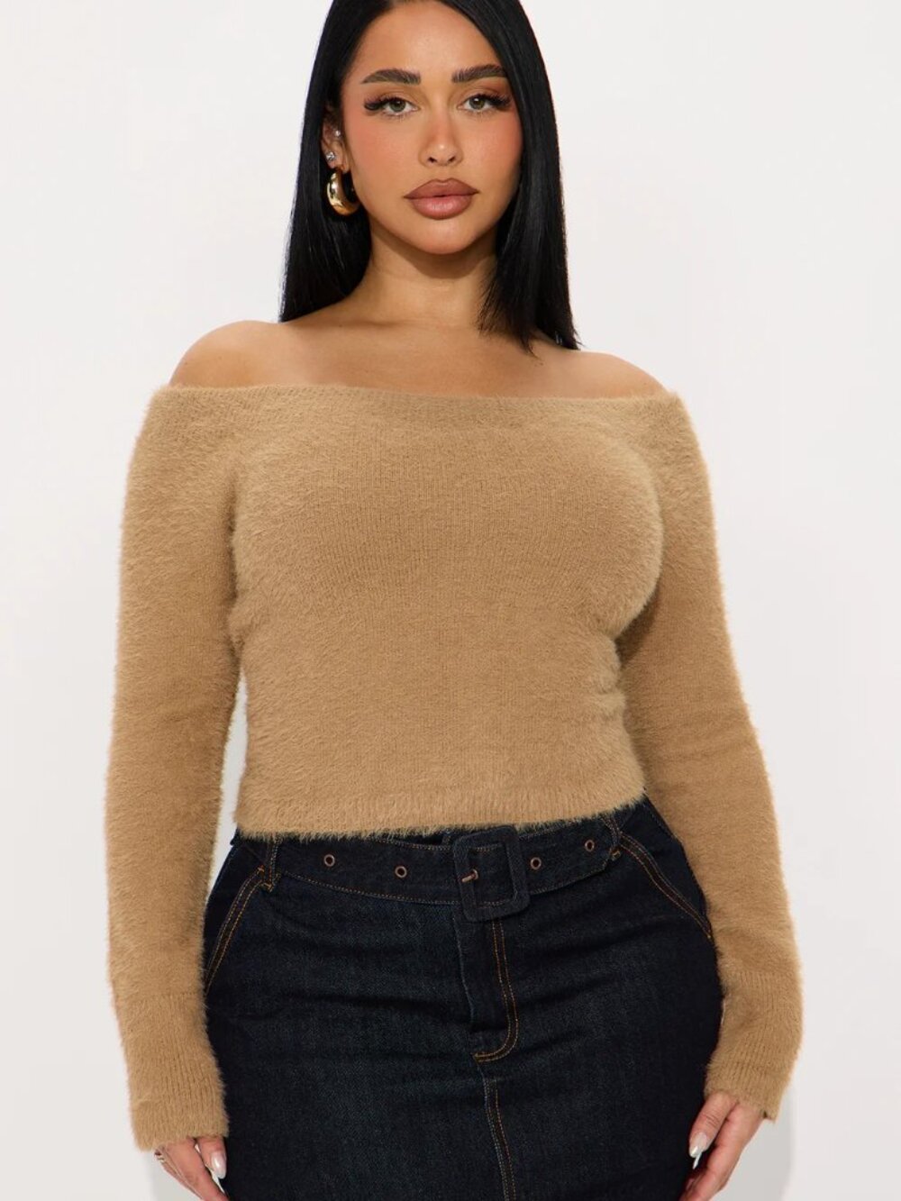 NWT Fashion Nova Fuzzy Off Shoulder Sweater Crop Top - Camel - M/L
